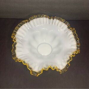 Vintage Fenton Milk Glass with Gold Trim Ruffled Dish Bowl